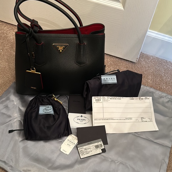 Prada Saffiano Leather Double Strap Bag with Red Interior - Picture 12 of 15